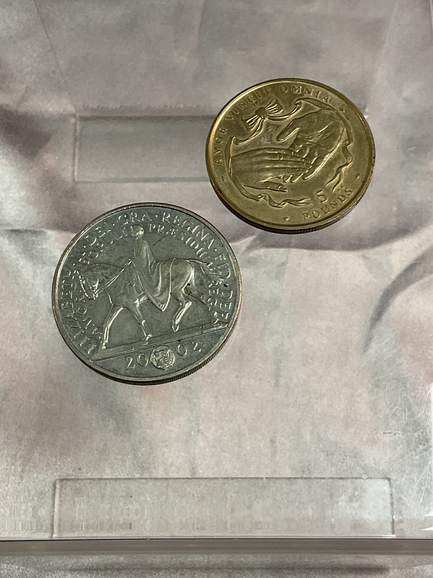 734 Two five pound coins 1997 Gibraltar and 2002