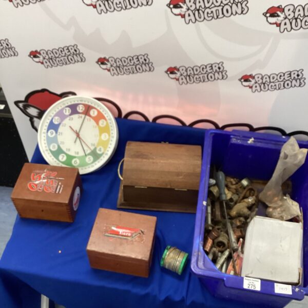 Mixed lot of vintage wooden storage boxes for sale.