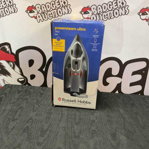 Boxed Russell Hobbs Powerstream Ultra steam iron in original packaging.