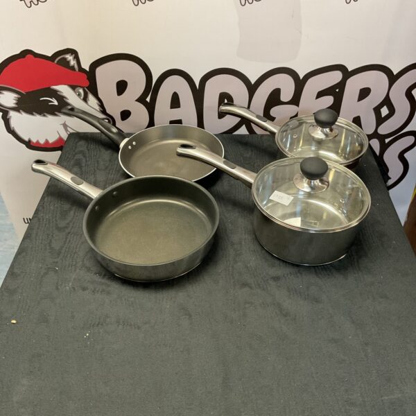 Sabichi cookware set with stainless steel pans and pots.