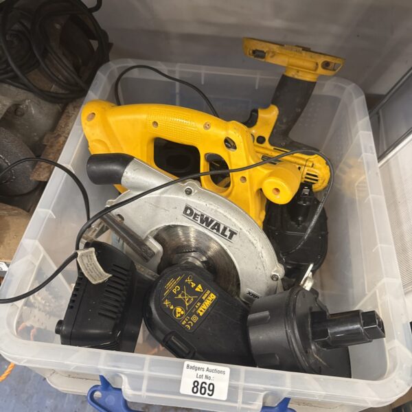 Dewalt cordless circular saw kit with drill and batteries.