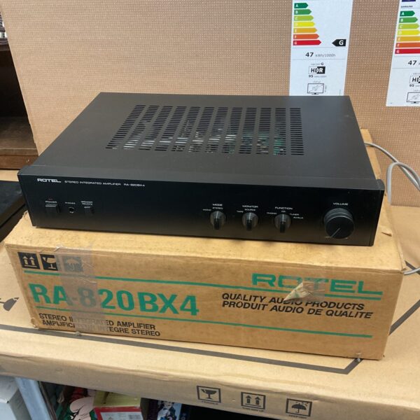 Front view of vintage Rotel RA-820BX4 stereo amplifier.