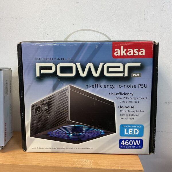 Front view of Akasa 460W power supply unit with fan.