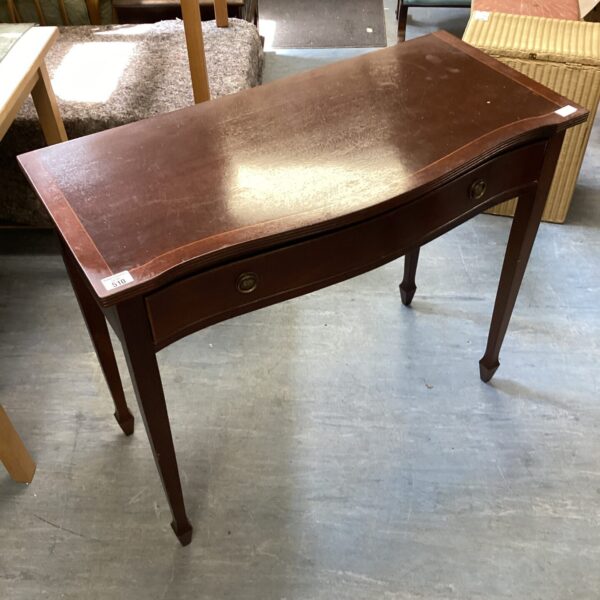 Antique mahogany hall table with drawer and curved legs.