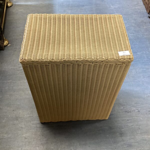Vintage Lloyd Loom wash bin, front view, woven laundry basket.