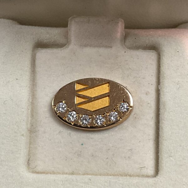 Close-up of 14ct gold Chevron tie stud with diamonds.