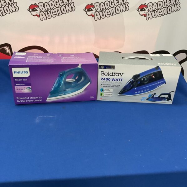 Vintage Philips boxed steam iron, collectible household appliance.