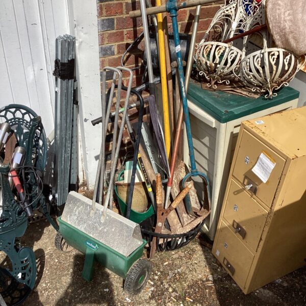 Mixed lot of used garden tools and accessories for sale.