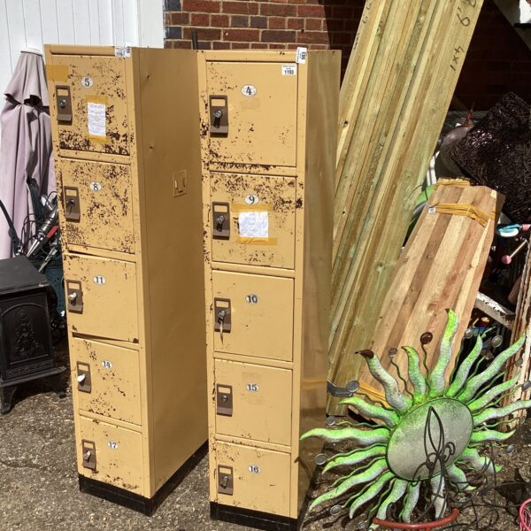 Vintage five-tier metal locker cabinet with original locks.