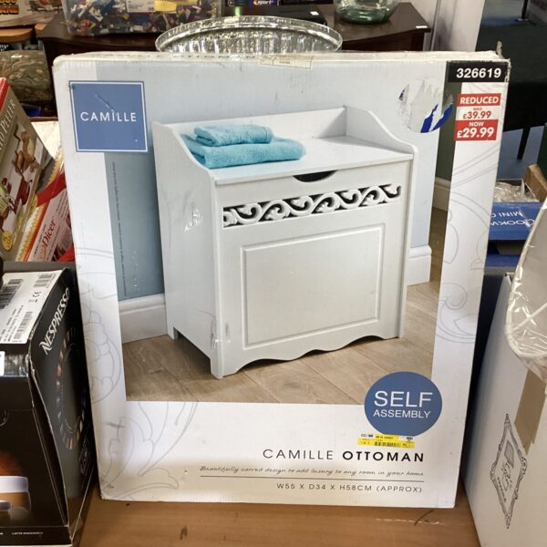New boxed Camille ottoman for storage and seating.
