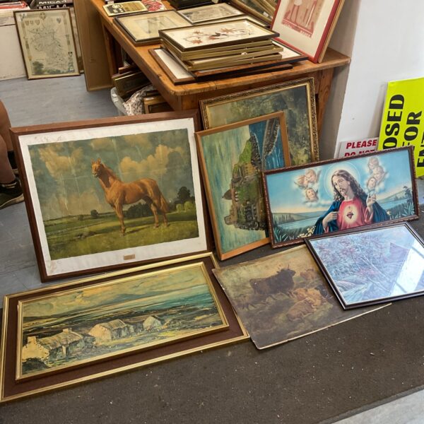 Lot of vintage framed prints and artwork for wall decor.