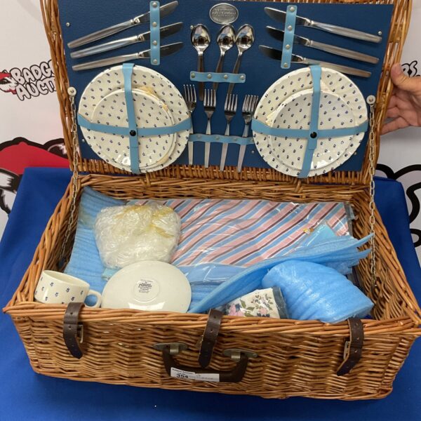 Vintage Brexton picnic basket with floral dining set.