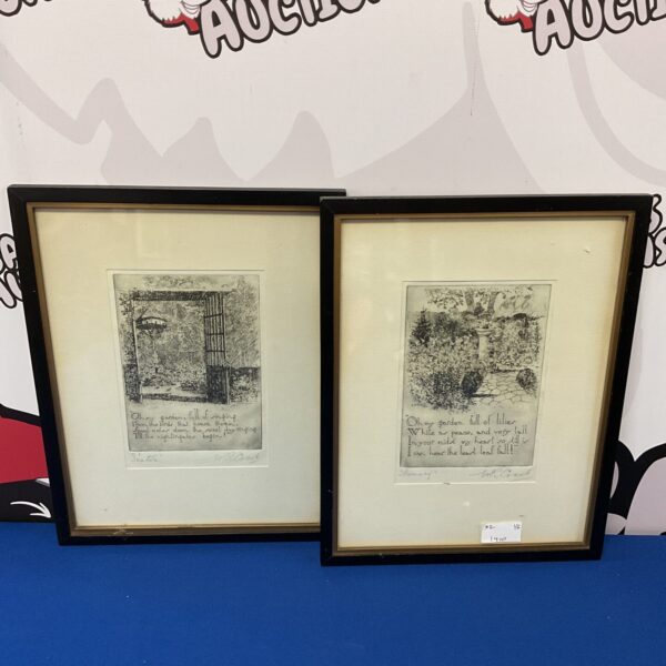 Vintage framed woodblock garden prints with a Japanese aesthetic.