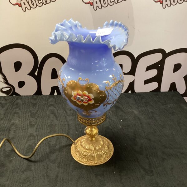 Vintage coloured glass table lamp with hand-painted details.
