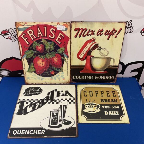 Vintage French cafe sign advertising fruit, collectible tin wall decor.