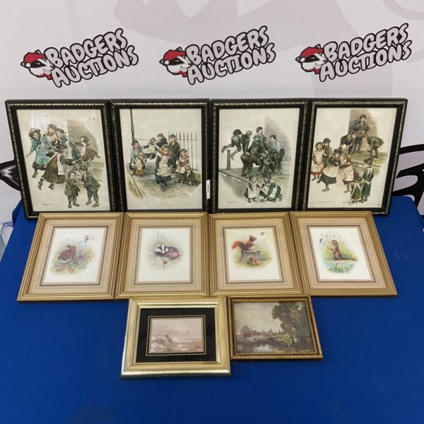 Collection of framed miniature prints including Ronald Embleton artwork.