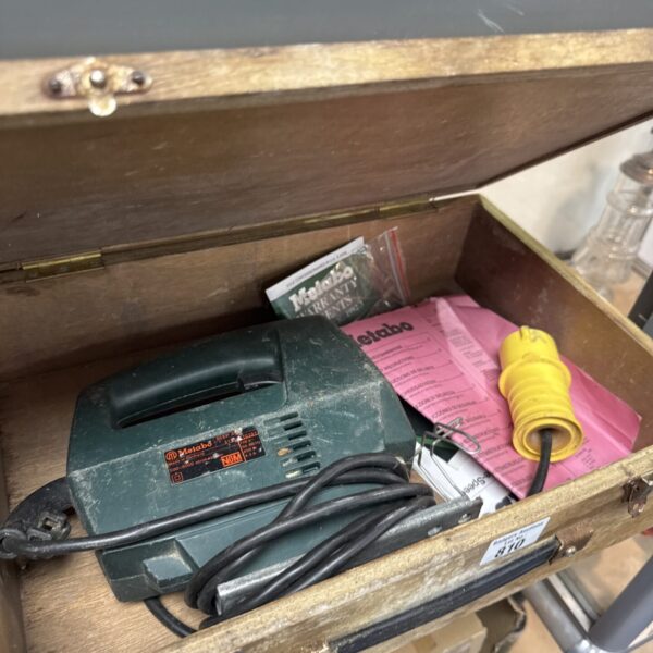 Vintage Metabo 110v jigsaw power tool for woodworking.