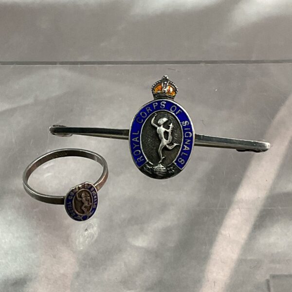 Vintage silver Royal Signals sweetheart brooch and ring set.