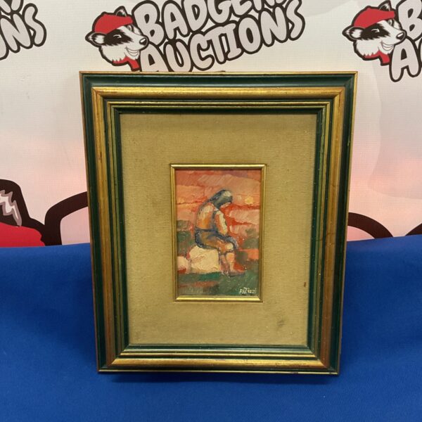 Signed Azizzi miniature oil painting of a seated figure.