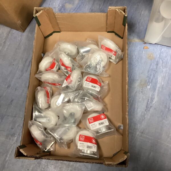 New RS Pro 75mm swivel casters in original packaging.