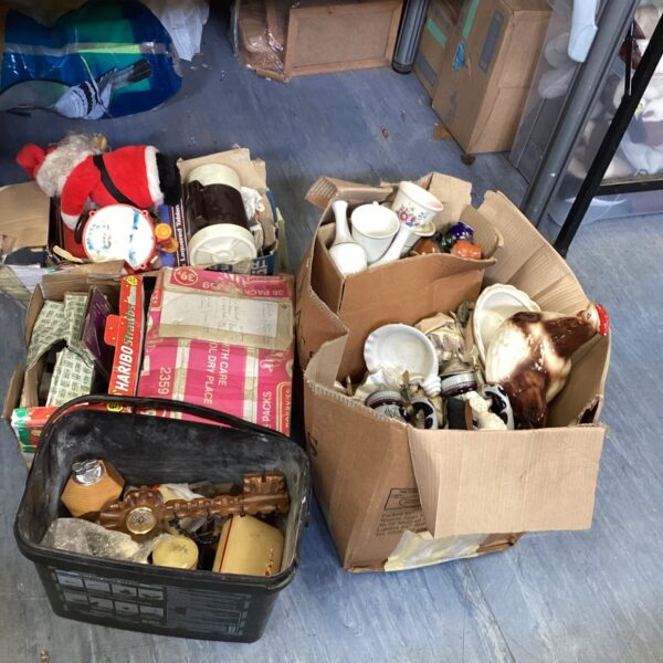 Mixed house clearance lot with china, CDs and a hen egg basket.