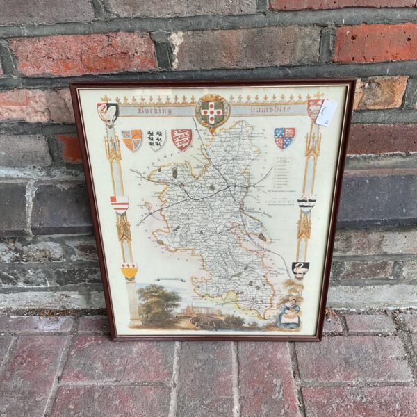 Vintage framed map of Buckinghamshire with detailed topographical features.
