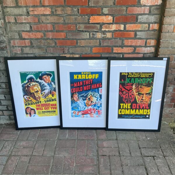 Framed set of vintage Boris Karloff horror movie posters.