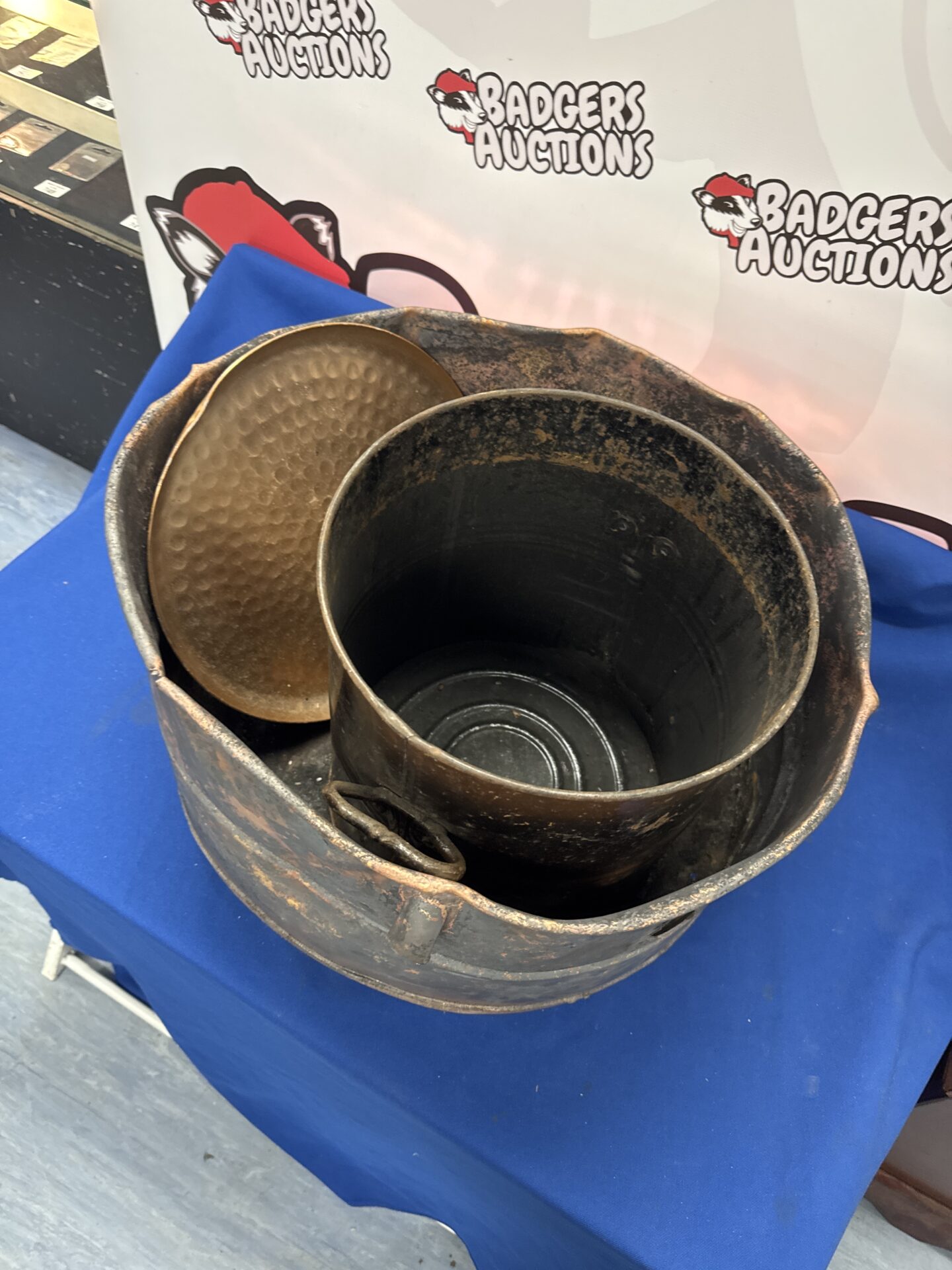 918 Vintage copper tank with bin & a tray