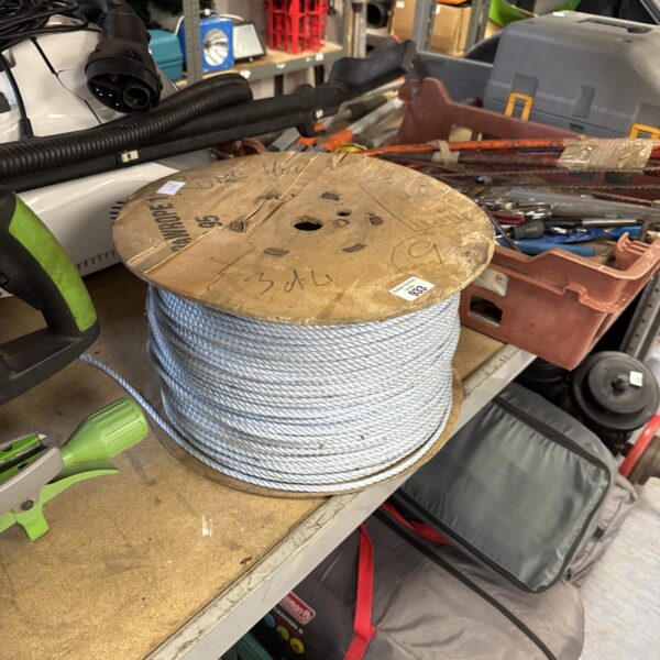 Close-up of a large reel of heavy-duty nylon rope.