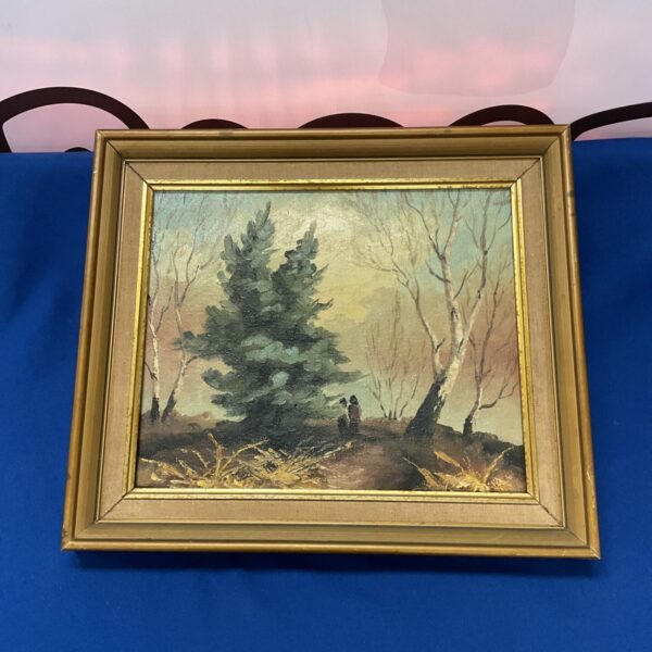 Vintage woodland oil painting in a gilt frame, depicting a forest scene.