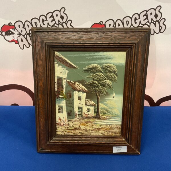 Signed Juna Mediterranean village oil painting, vintage coastal art.
