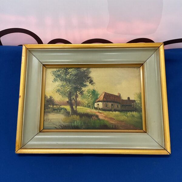 Signed Arts original oil painting of a quaint country cottage landscape.