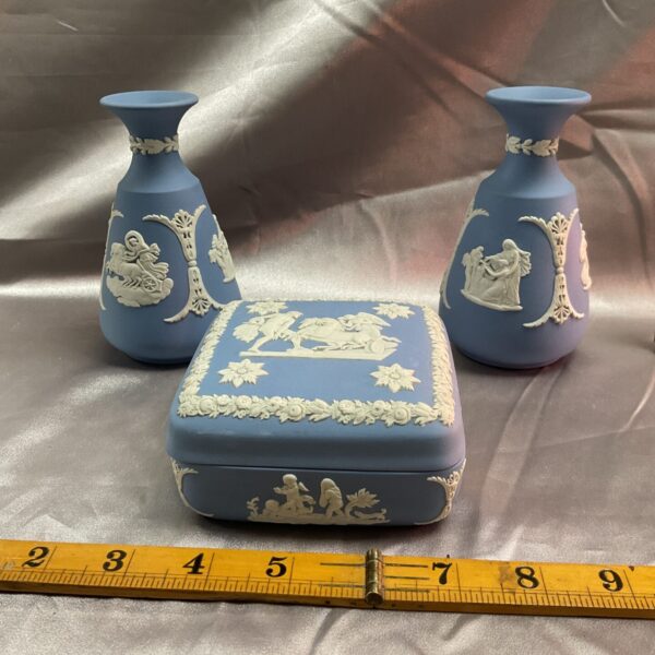 Two Blue Wedgewood Jasperware vases and Trinket Pot