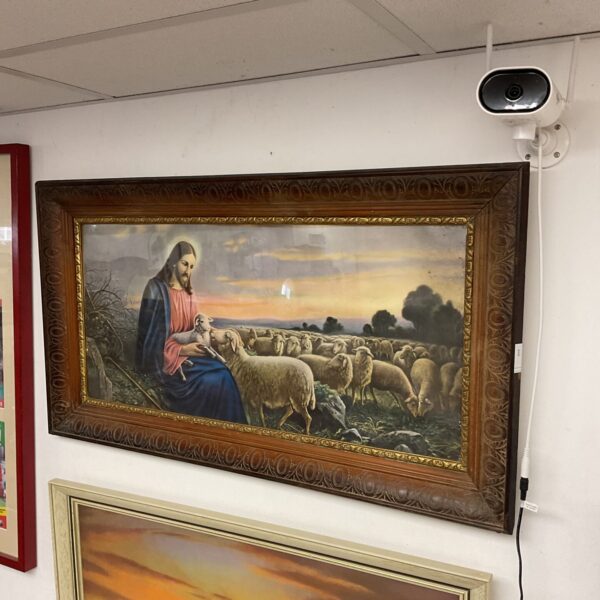 Vintage Jesus Christ print depicting a pastoral scene with sheep.