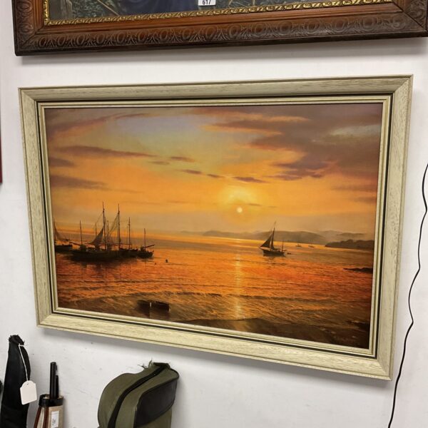 Framed Victor Elford print of boats at sunset, coastal art.