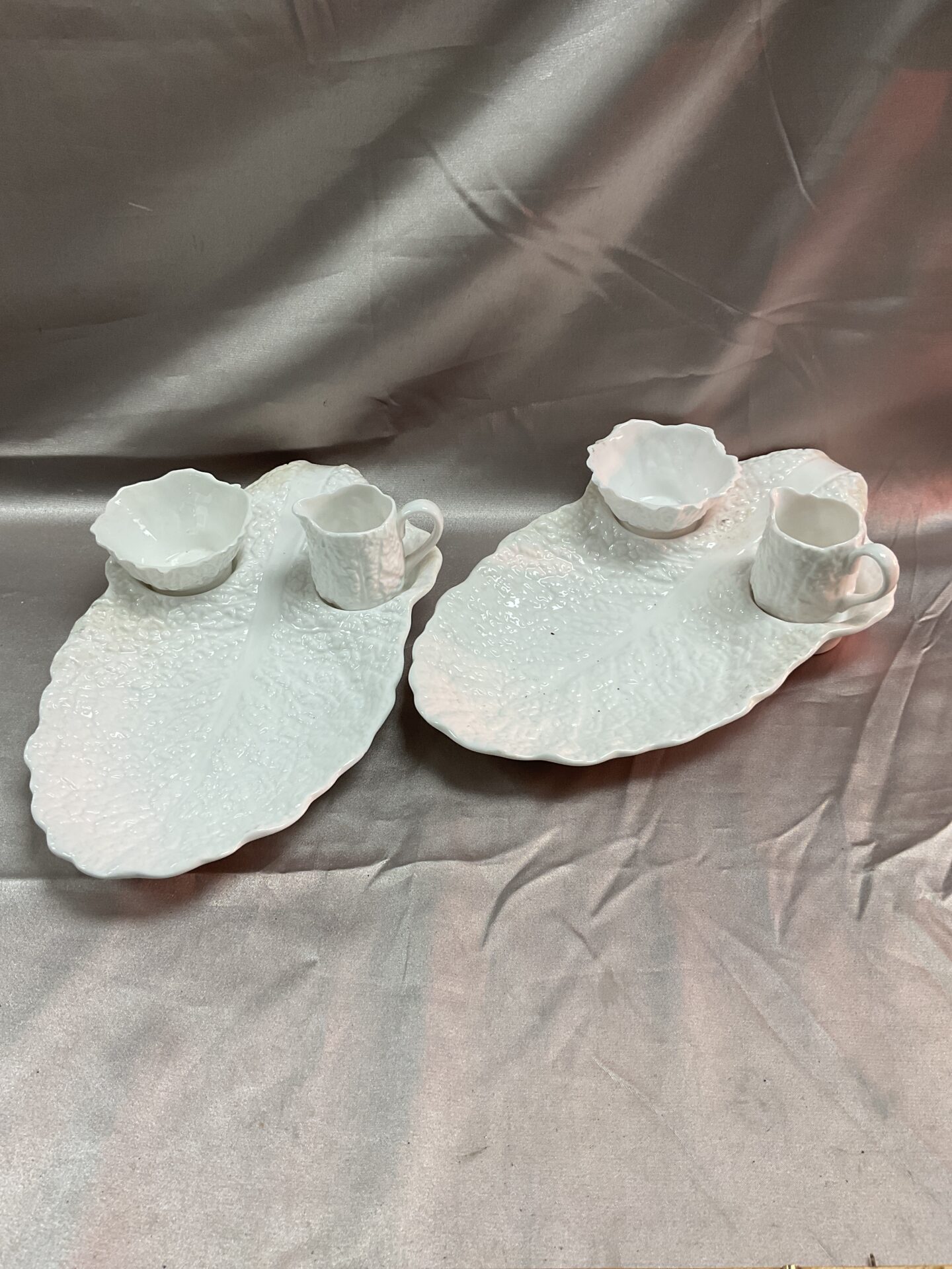 784 Two Vintage Spode Savoy White 3 Piece Cabbage Berry Sugar,Creamer Platter Sets