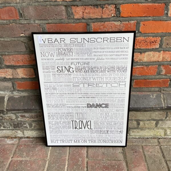 Vintage-style print of Baz Luhrmann's "Wear Sunscreen" speech.