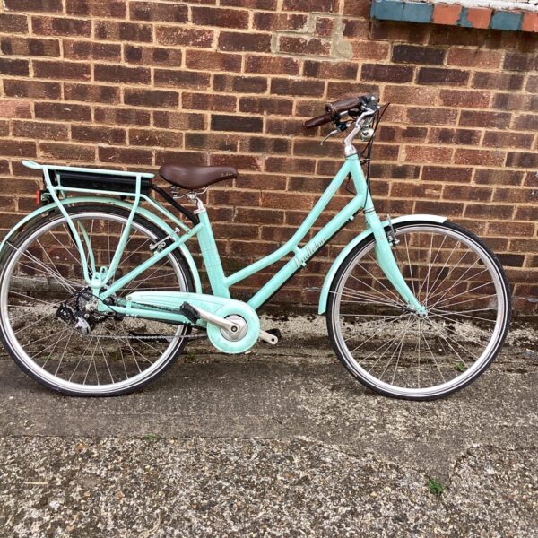 Side view of a vintage Pendleton Somersbye power assisted bicycle.