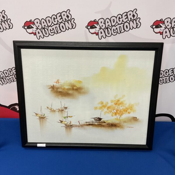 Signed oil painting of Chinese fishing boats in a serene harbour scene.