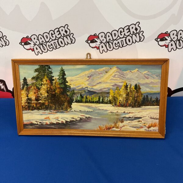 Vintage oil painting of a mountain river scene signed P Parker.