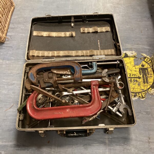 Vintage tool case with spanners and G clamps inside.