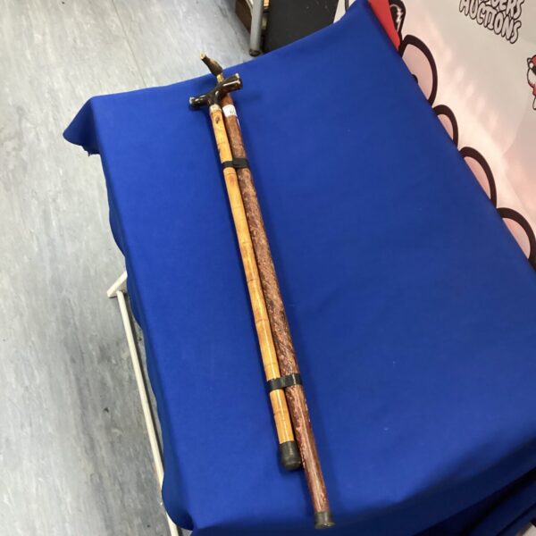 Two vintage walking sticks, one with a brass horse head.