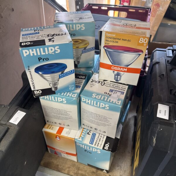 Assorted Philips Par38 colour light bulbs in original packaging.