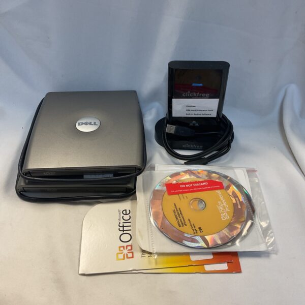 Dell external DVD drive, Clickfree USB hard drive, and Microsoft Office software lot.
