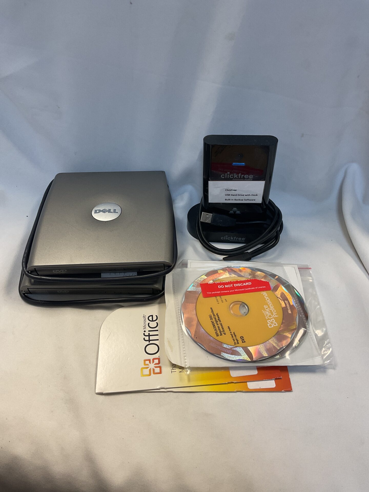 240 Clickfree usb hard drive with 2 dell external dvd drives & Microsoft office software
