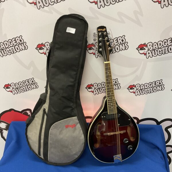 Stagg M50E electric mandolin in its soft case.