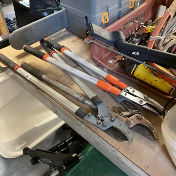 Lot of three garden shears for pruning and landscaping.