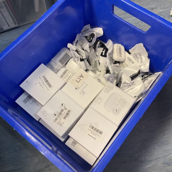 Box of wireless earbuds for portable audio listening.