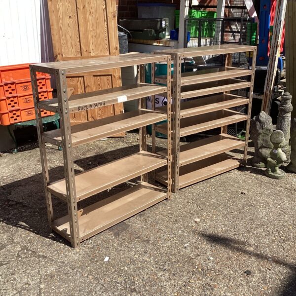 Vintage metal shelving unit for storage and organization.