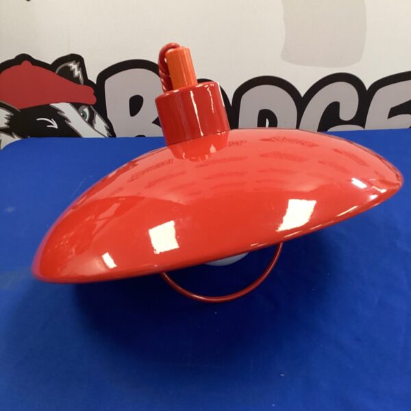 Vintage red ceiling lamp with a rounded shade.